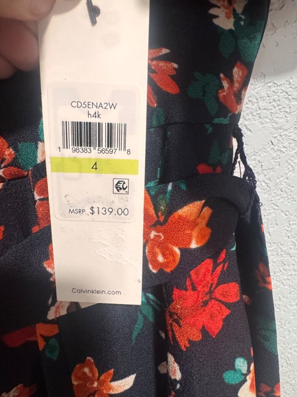 Calvin Klein Floral Belted Midi Dress Navy Orange Green MSRP $139 - Picture 4 of 9